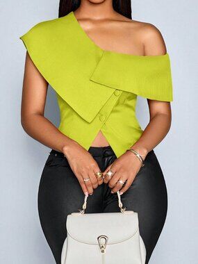 Green Casual Elegant Women's Off-Shoulder Asymmetrical Blouse
